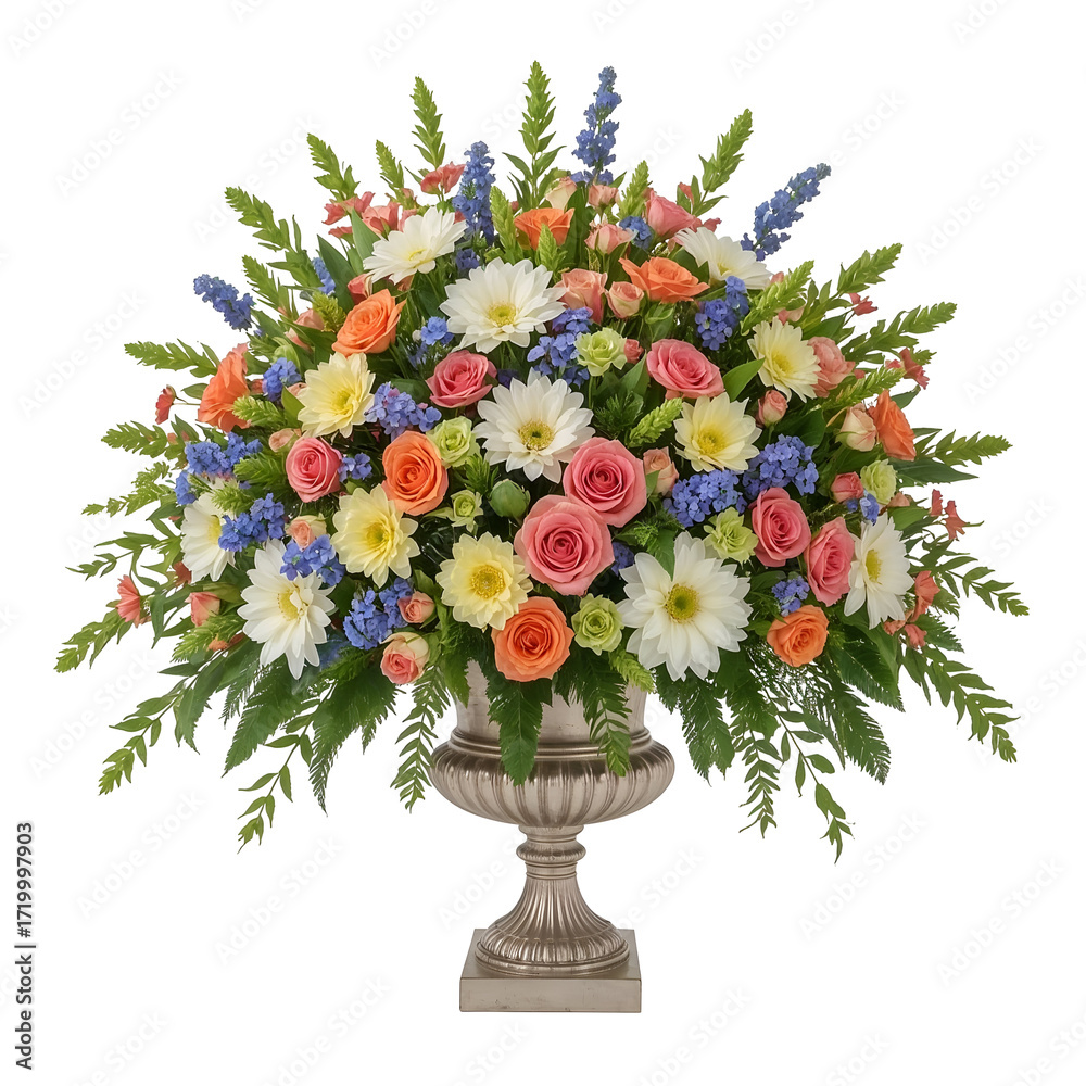 Obraz premium Large Silver Urn Filled with a Vibrant Assortment of Colorful Flowers and Greenery flower arrangement transparent background isolated on a transparent background