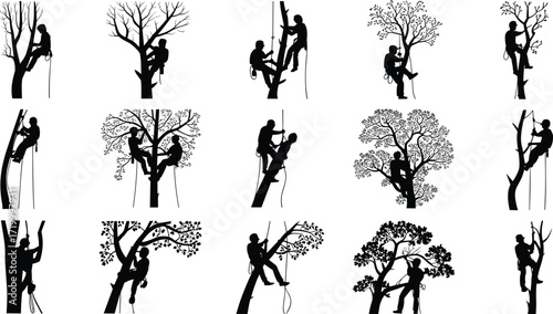 Arborist tree climbing line art set, tree care worker illustrations, forestry service, pruning and trimming, safety gear, outdoor job, vector outline, isolated on white background