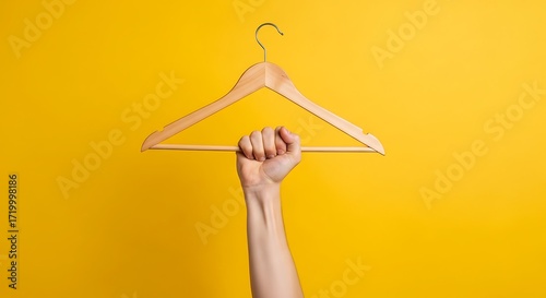 Hand holding a wooden clothes hanger against a bright yellow background