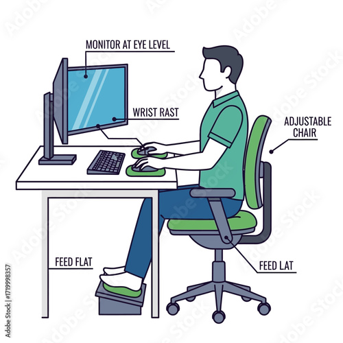 Ergonomic workstation setup with adjustable chair, monitor at eye level, and wrist rest.