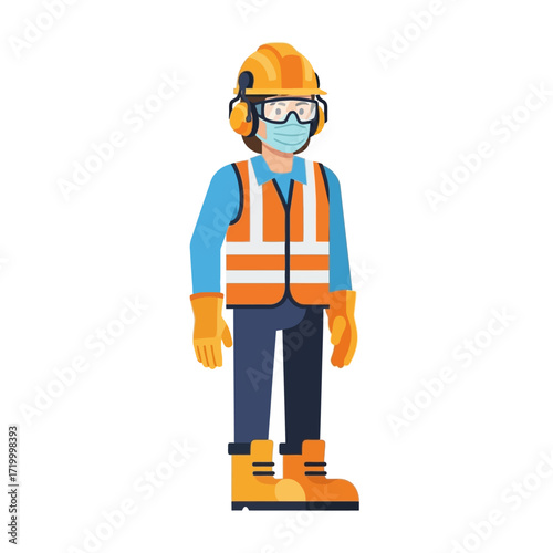 Vector illustration of a construction worker or industrial laborer wearing full personal protective equipment (PPE) including a hard hat, mask, and safety vest.