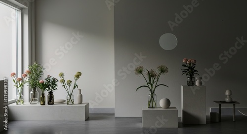 Still life of flowers in vases on pedestals and table