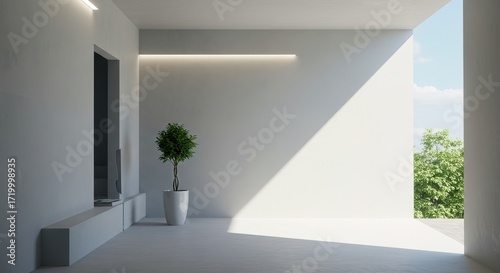 Minimalist interior with plant and natural light stream
