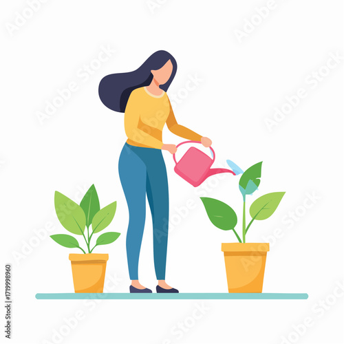 A thoughtful woman provides diligent care to her flourishing potted plants, nurturing their healthy growth in a serene domestic setting, embodying the peaceful and rewarding nature of gardening