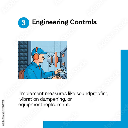 A person in a soundproof room wearing headphones works at a computer, with a large speaker emitting sound.