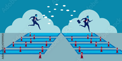 Two businessmen race through a maze of obstacles towards a common goal of success
