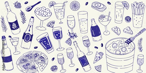 Hand drawn doodle collection of food and drinks including pizza cocktails and champagne for a party celebration