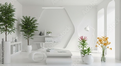 A bright white office space filled with plants and light
