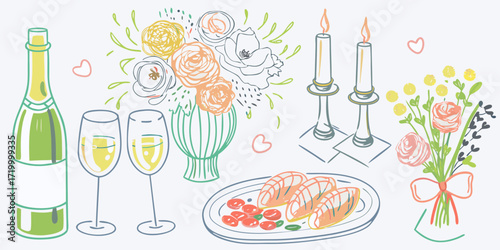 Romantic dinner celebration with champagne flowers candles and food illustration