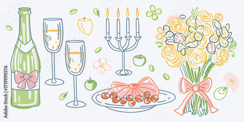 Celebration still life with champagne bottle glasses flowers candles and dessert