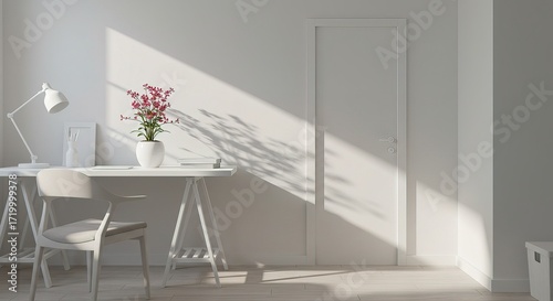 A white desk with a lamp and flowers in a bright room