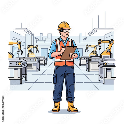Factory worker inspecting robotic arms in a manufacturing facility.