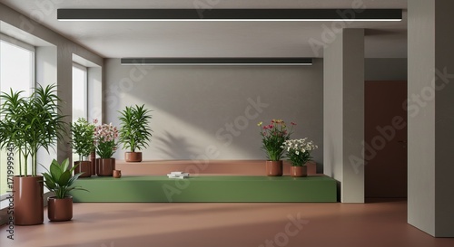Interior space with plants and modern lighting design