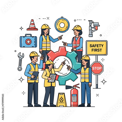 A diverse team of construction workers collaborating around a large gear, emphasizing safety and teamwork in an industrial setting.
