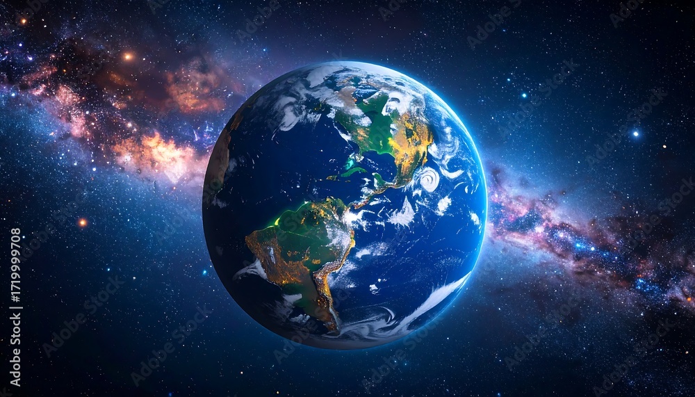 Obraz premium A vibrant digital rendering of Earth, a blue marble in a sea of stars and galaxies. Highlights the beauty of space and the planet