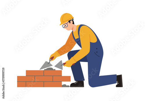 Cartoon Bricklayer Constructing a Wall with Trowels and Mortar