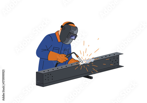 Skilled welder in protective helmet and uniform performing arc welding on a steel I-beam, generating bright sparks.