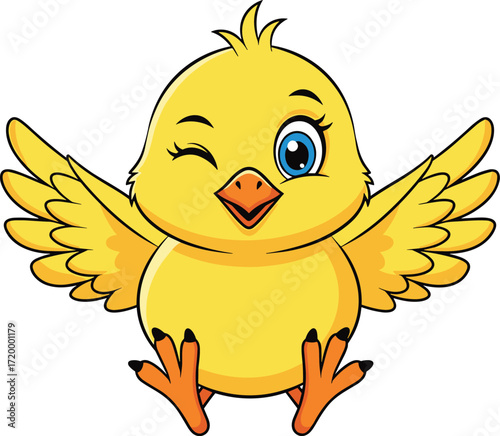 Cartoon chick, yellow feathers, winking, cute bird, smiling, expressive, animated, character, orange beak, pink feet, happy, fun, child, playful, standing, wings spread, tuft, blue eyes, illustration,