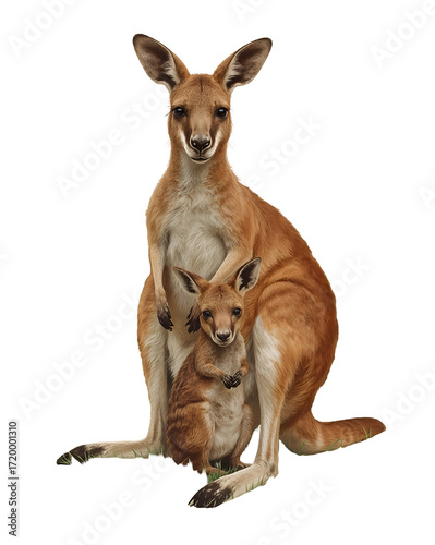 Mother Kangaroo and Joey Sitting on Grass with transparent background. Black Background baby kangaroo marsupial isolated on a transparent background
