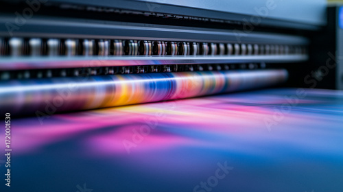 High-performance large format printing machine producing vivid, high-resolution images on paper, optimized for commercial applications professional print production scene with vibrant color output 