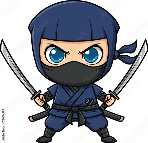 Cartoon ninja, cute warrior, blue outfit, swords, confident pose, martial arts, anime style, expressive eyes, character, mask, action, fighter, animated, headband, small body, fierce, stylized, illust