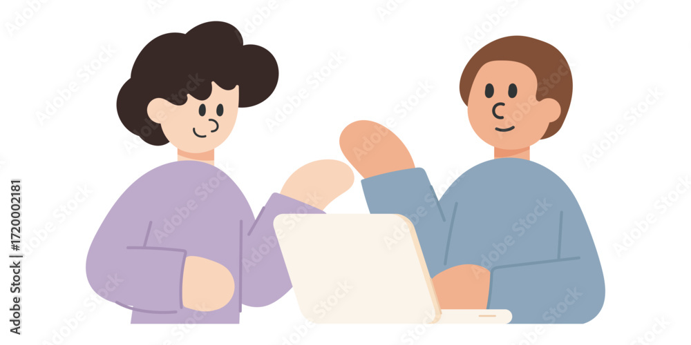 Fototapeta premium Vector cartoon illustration of teamwork people talking and discussing together. Collaboration, communication, and business concept.