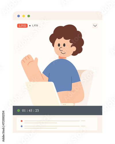 Vector cartoon illustration of streamer live streaming on a website. Online content creation, social media, and digital entertainment concept.