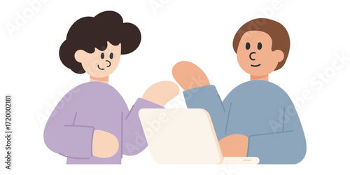 Vector cartoon illustration of teamwork people talking and discussing together. Collaboration, communication, and business concept.