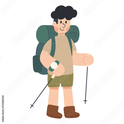 Vector cartoon illustration of a traveller. Hiking, outdoor adventure, and exploration concept.