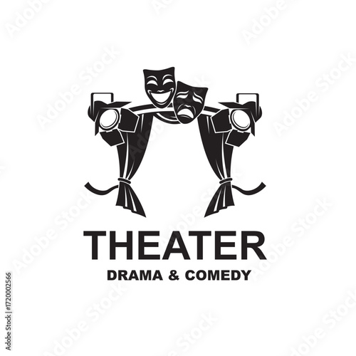 icon of comedy and tragedy theatrical masks with curtains isolated on white background