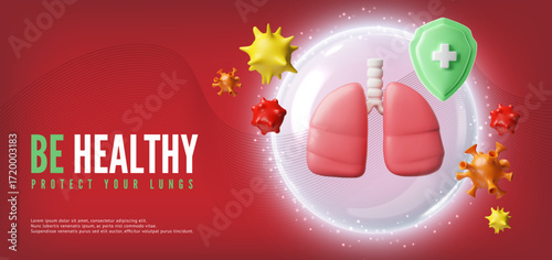 Be healthy protect your lungs 3D vector banner, lungs in protective sphere from bacteria and viruses, shield with cross