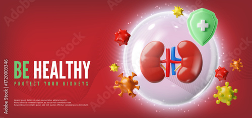 3D banner of kidneys in protective sphere, green shield, germs, red background.