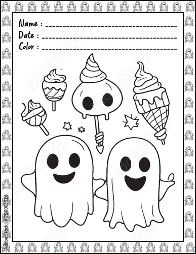 Spooky Cutie Bold & Easy Coloring Page with Cute Animals for Adults and Kid. High resolution (300 DPI), Ready to print on standard 8.5x11-(A4) inch paper With (No Bleed), Black and White. Vector 
