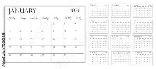 2026 monthly planner or calendar, clean and simple vector design. Eeach month is on a separate page. 