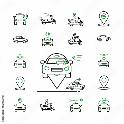 Iconic Line Art Rideshare Services & Location Icons