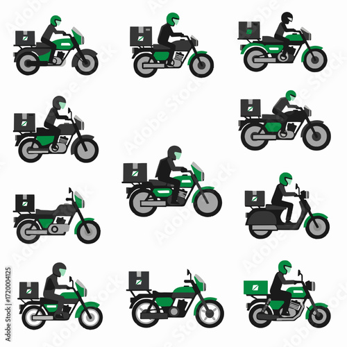 Collection of delivery motorbikes in various styles, ready for rapid package transportation and services