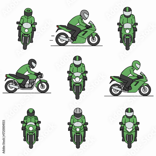 Dynamic collection of green line art illustrations featuring various motorcyclists on their bikes from diverse angles and perspectives, perfect for design projects and conceptual layouts
