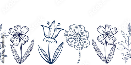 Seamless border of flowers, daisies, bells, cornflowers, all objects hand-drawn with ink. The illustration is suitable for printing on fabric, paper, textile, packaging design. Vector illustration