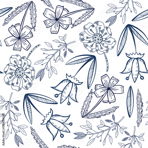 Vector seamless pattern of meadow flowers and herbs, bells, daisies, herbs, cornflowers. All objects are hand-drawn with ink. For printing on postcards, packaging bags, packaging of goods. Vector