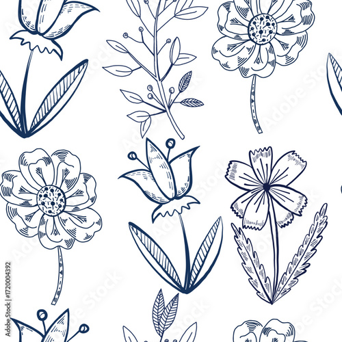 Seamless vector pattern of meadow flowers, bells, cornflowers, leaves and twigs. All objects are hand-drawn with ink. The illustration is suitable for printing on fabric, paper, for packaging design.