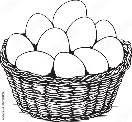 Basket of Farmer Chicken Eggs Hand-drawn Vector Illustration, Sketch Drawing Doodle Line Linear Symbol Icon Engraving Coloring Book, Black and White Isolated