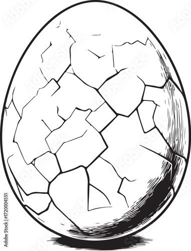 Cracked Egg Hand-drawn Vector Illustration, Sketch Drawing Doodle Line Linear Symbol Icon Engraving Coloring Book, Black and White Isolated