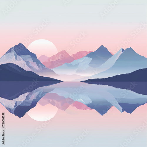 minimalist pastel mountain landscape that showcases a serene and tranquil scene with a focus on soft gradients and reflections.