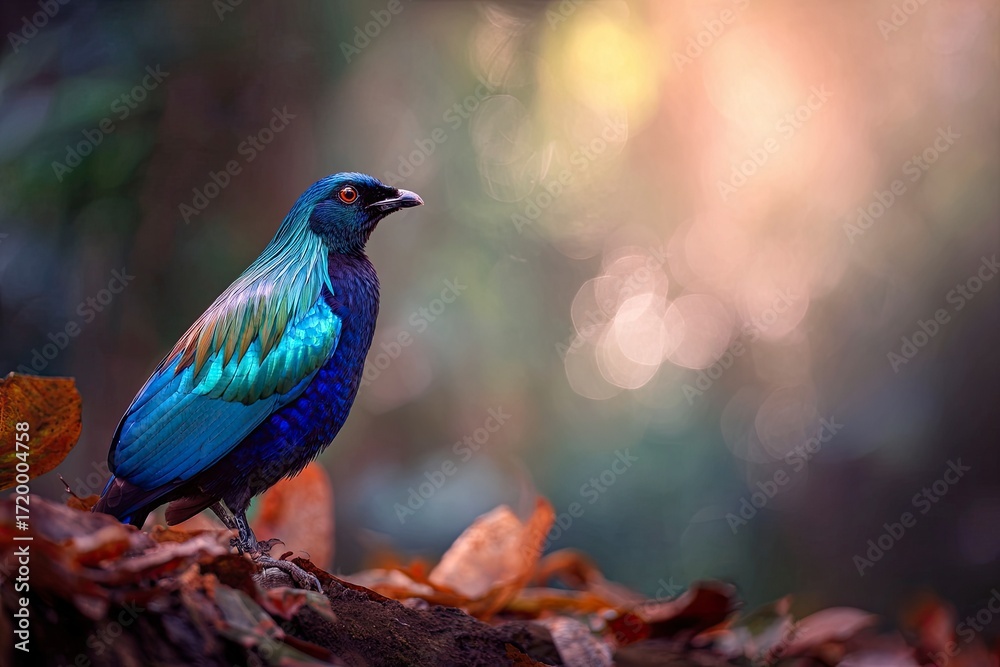 Fototapeta premium Colorful Exotic Bird Perched on Forest Floor in Natural Light