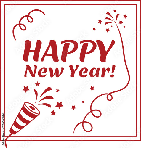 Vector art of happy new year text with confetti and party popper