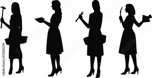 Women role silhouette icons, diverse activity poses, black and white design, cooking and reading figures, manual labor graphic, domestic task vector, lifestyle illustration set