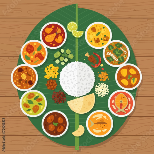 Experience vibrant Indian cuisine served on a banana leaf for a delicious, authentic, and colorful culinary adventure, perfect for food enthusiasts