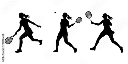 Black silhouette of female badminton player on white background