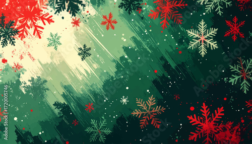 Vibrant red Christmas snowflakes cascading over a textured, deep green artistic winter backdrop for holiday greetings