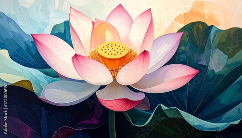 A close-up view features a large, open flower with soft pink petals and a vibrant yellow center, surrounded by dark green and blue leaves